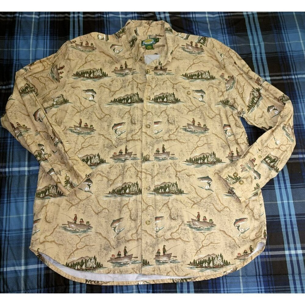 Cabela's Outdoor Gear Tan Button Down Shirt Trout, Salmon Size X-Large